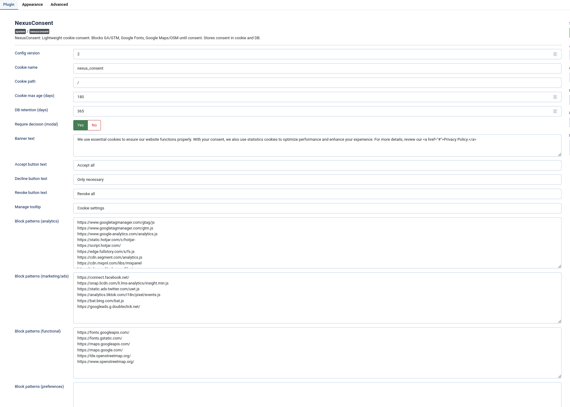 Main plugin settings
