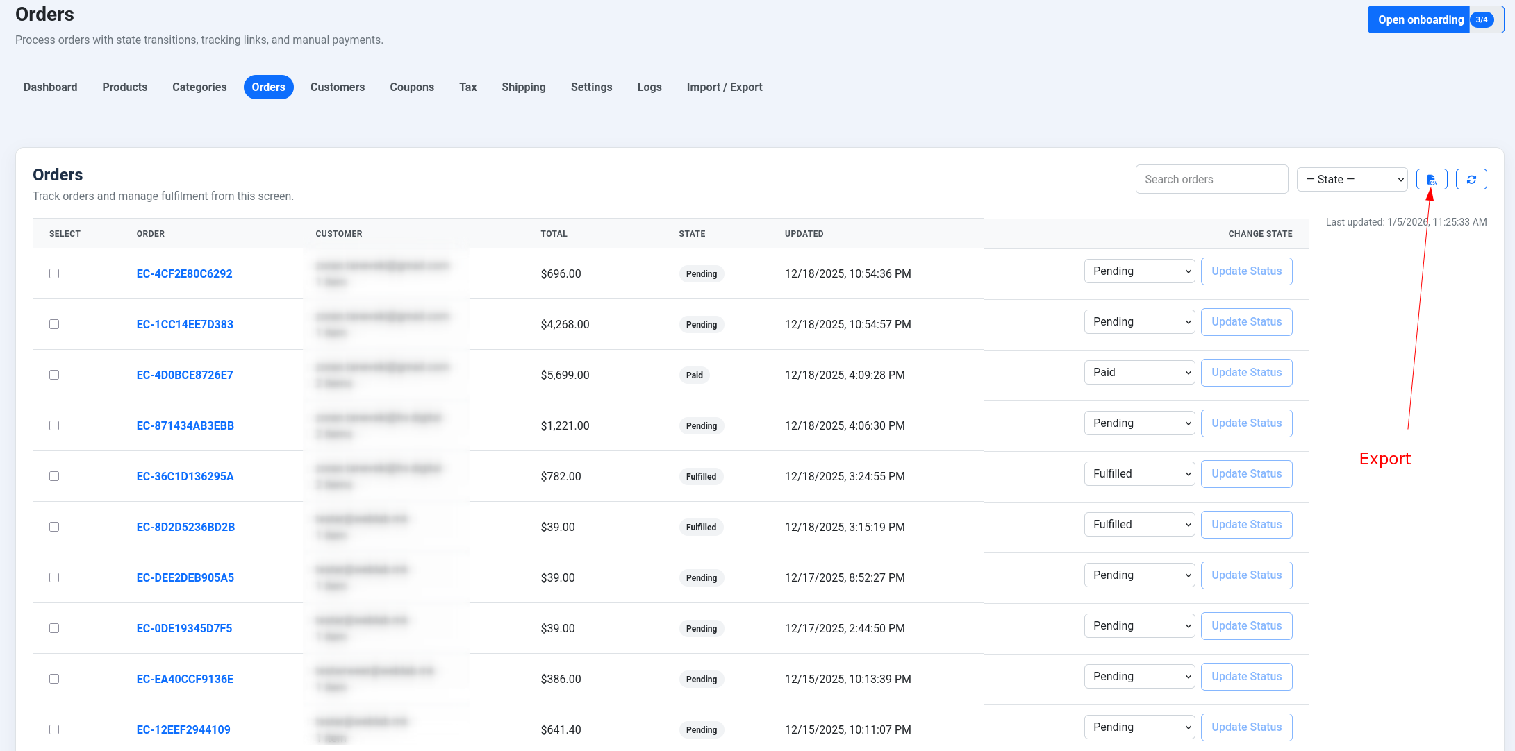 Orders list