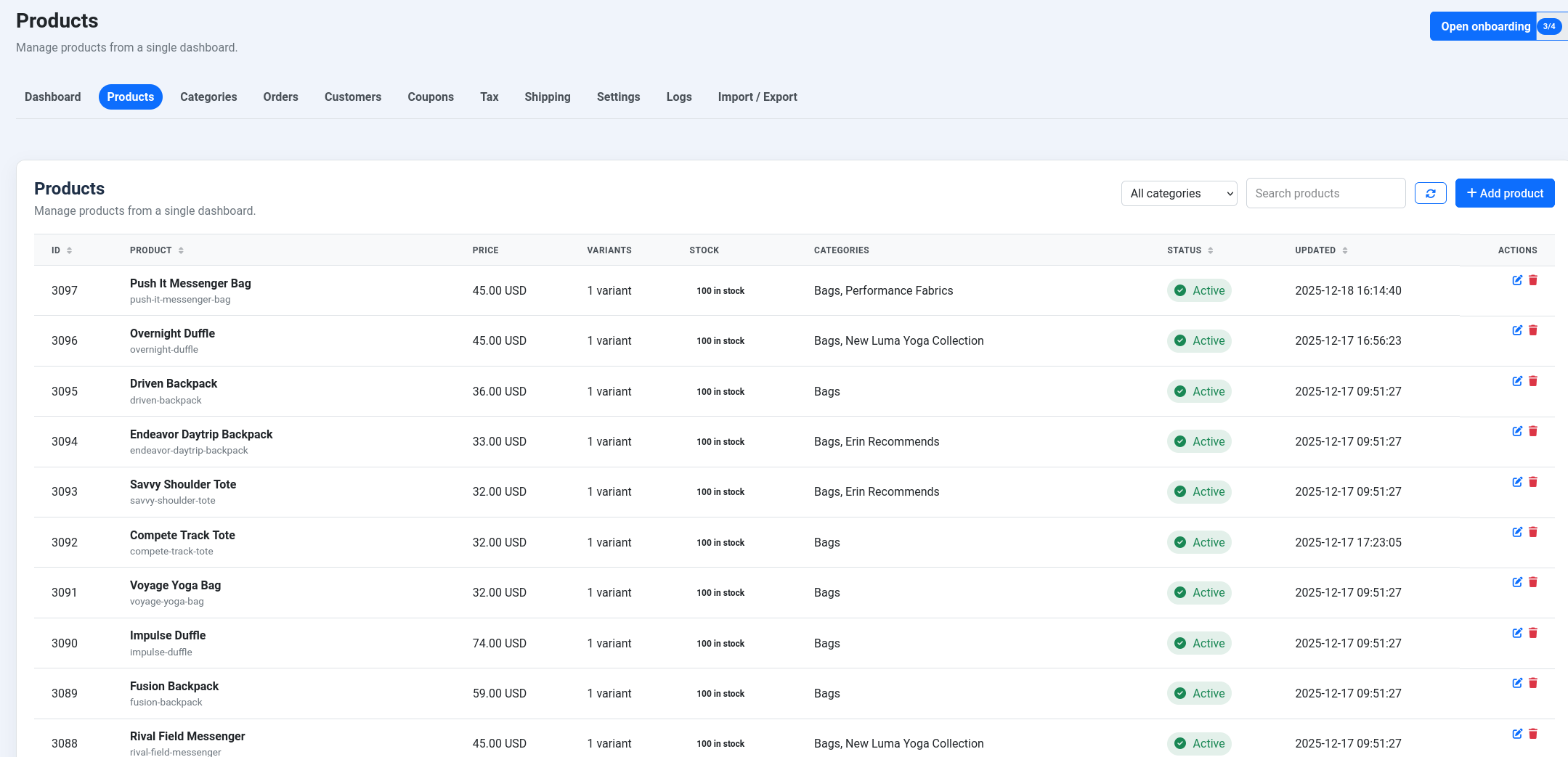 Products list