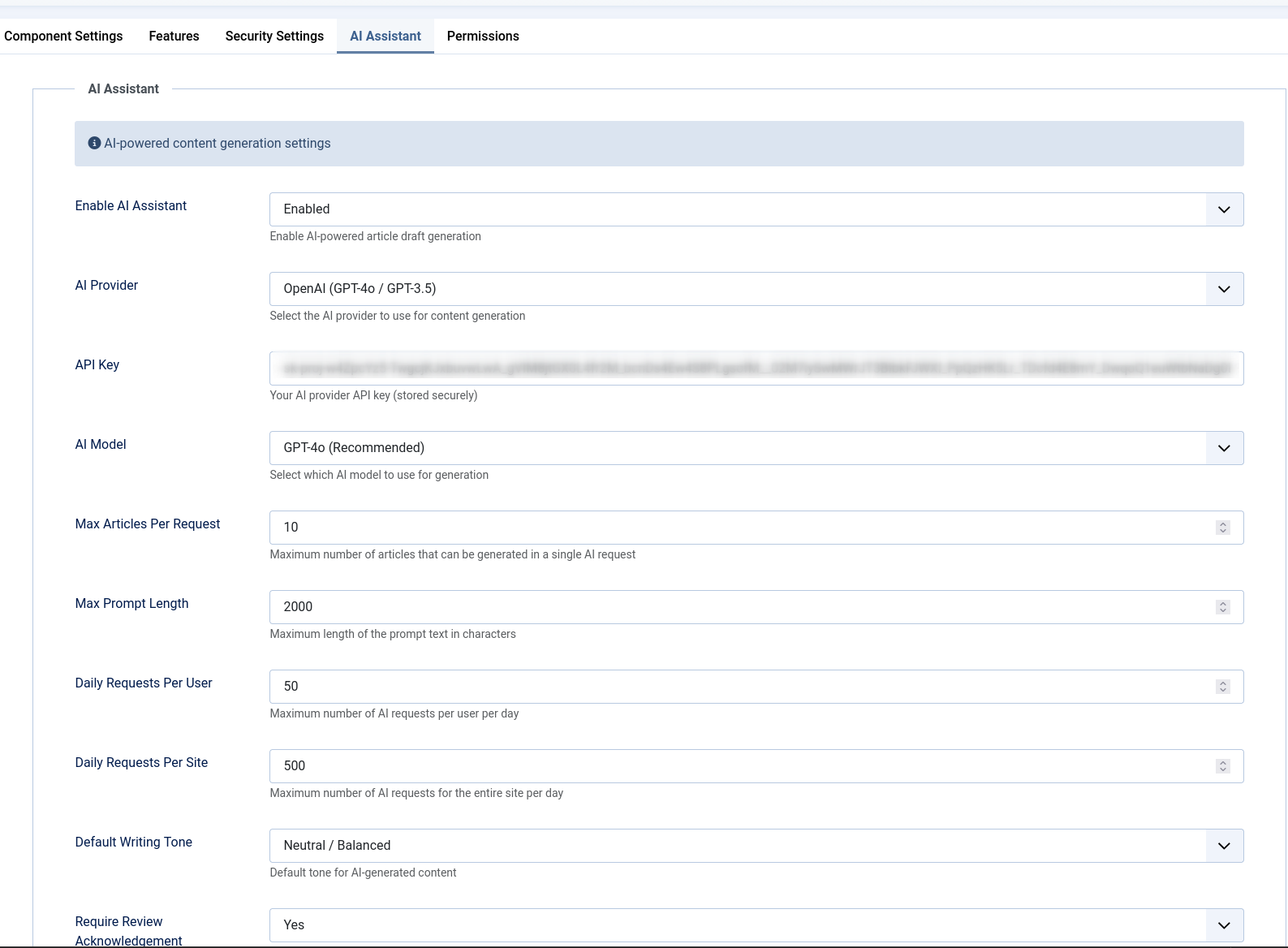 AI assistant settings