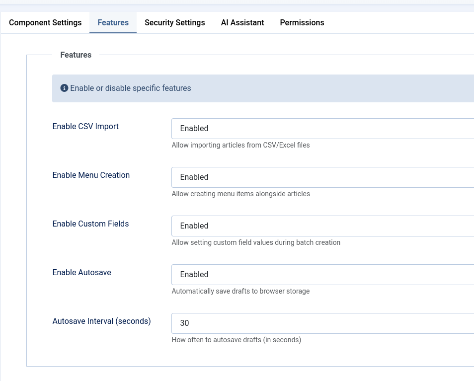 Component feature settings