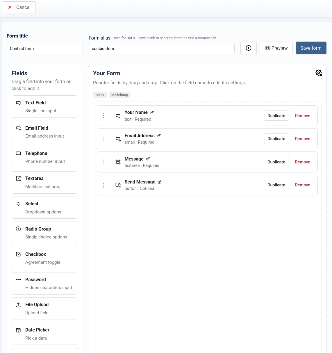 Joomla form builder view