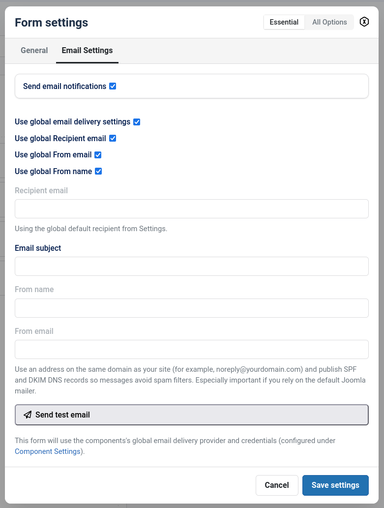 Joomla form email settings
