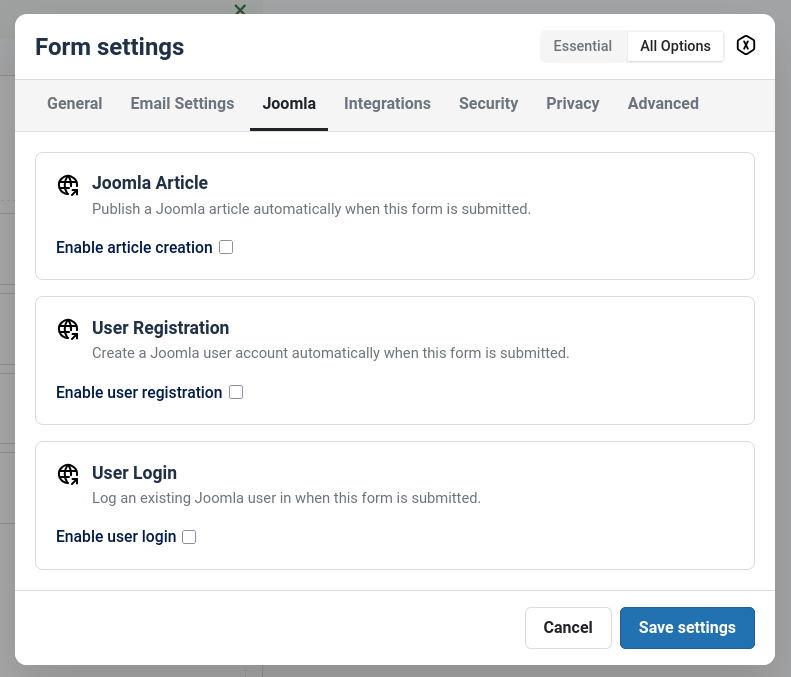 Joomla integrations settings