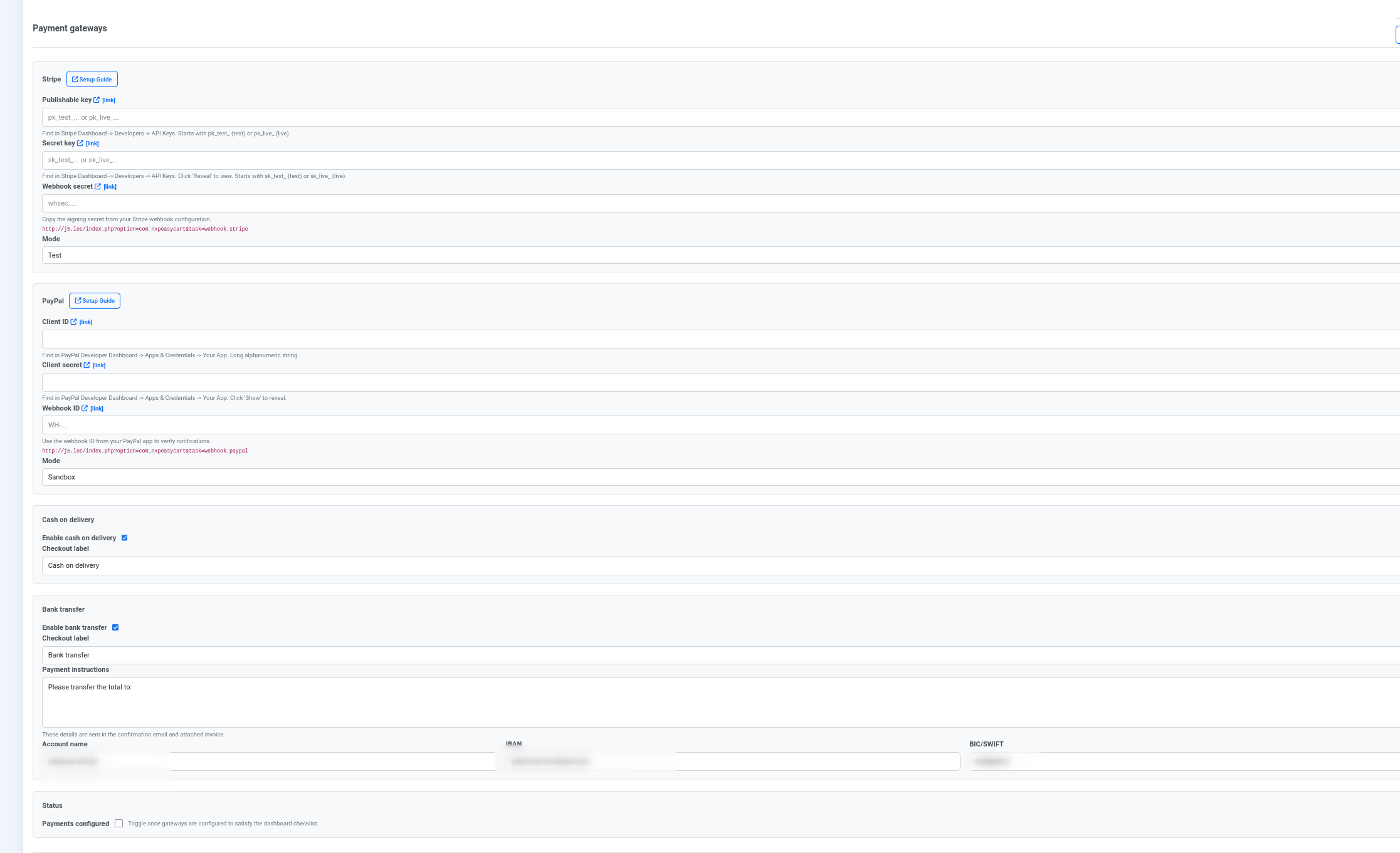 Payment gateway settings