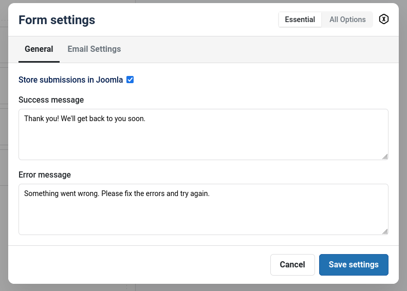 Joomla form configuration